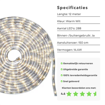 Cheqo® LED Lichtslang - 12 Meter - Warm Wit - Binnen- en Buitengebruik - 288 LED's - Lichtslang - Kerstverlichting - Sfeerverlichting - Feestverlichting - Kerstversiering - Energiezuinig - Waterdicht - Hoge Helderheid Lichtslang