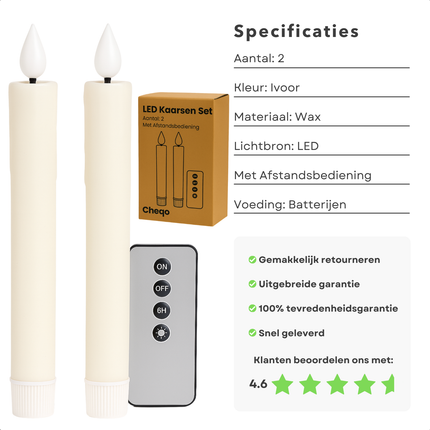 Cheqo® LED Kaarsen Set - Ivoor - LED Dinerkaarsen Met Afstandsbediening - Sfeerverlichting - Veilig en Stijlvol
