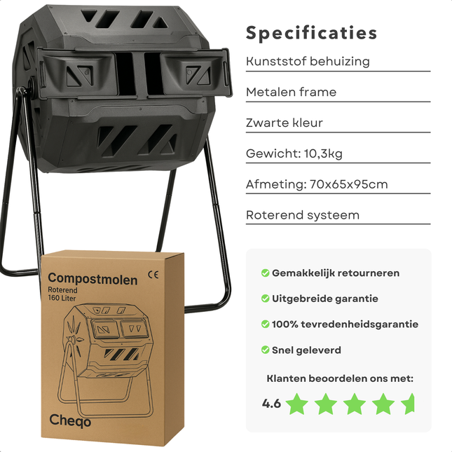 Cheqo® Compostmolen 160L - Compost Molen - Compost Vat - Compostbak - Composter - Compostvat - Roterend Tuin Compostsysteem - Kunststof & Metaal - 360 Graden Ventilatie