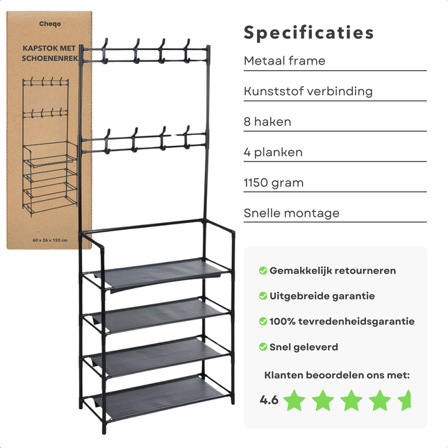 Cheqo® Industriële Kapstok Met Schoenenrek - Metalen Frame - Staande kapstok - Garderoberek - Schoenenrek - Opbergrek