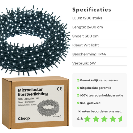 Cheqo® Microcluster Kerstverlichting - Kerstlampjes - Kerstboomverlichting - 1200 LED Lampjes - 24 Meter Lengte - Wit Koelwit - Binnen en Buiten - 8 Lichtfuncties - Geheugenfunctie - Timer 8 Uur - IP44 Adapter