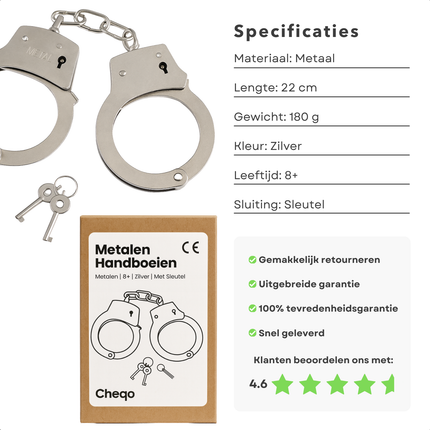 Cheqo® Metalen Handboeien - Stoere Handboeien - Handboeien Met Sleutels - Verstelbare Handboeien - Handboeien Met Ketting - Zilveren Handboeien - Handboeien Voor Rollenspel - Handcuffs - Metalen Boeien - Metalen Cuffs