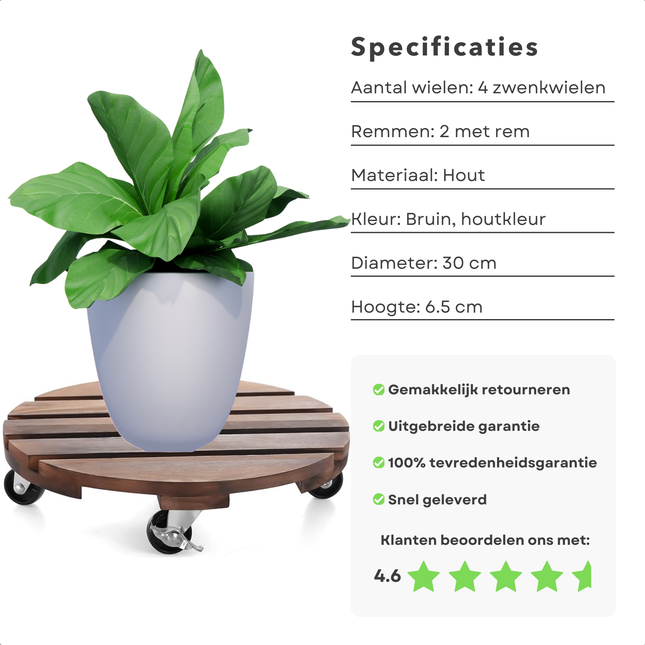 Cheqo® houten plantentrolley met wieltjes en remmen, 30 cm diameter, met plant en specificaties, 4.6 sterbeoordeling.