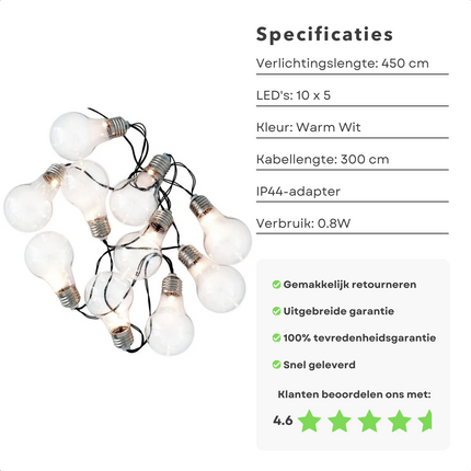 Cheqo® Decoratieve Tuinverlichting - Lichtsnoer - Lichtslinger - 450cm Warm Wit Snoerverlichting met 10x5 LED Lampen - Geschikt voor Buiten - IP44 Adapter - Feestverlichting voor Buiten