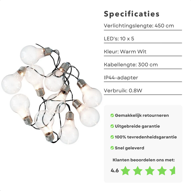 Cheqo® Decoratieve Tuinverlichting - Lichtsnoer - Lichtslinger - 450cm Warm Wit Snoerverlichting met 10x5 LED Lampen - Geschikt voor Buiten - IP44 Adapter - Feestverlichting voor Buiten