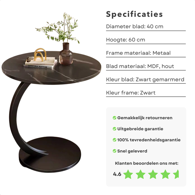 Cheqo® Zwarte Bijzettafel met Marmer - Salontafel - Ronde 40 cm - Gemarmerd Tafelblad - Metaal Frame - Moderne Sidetable