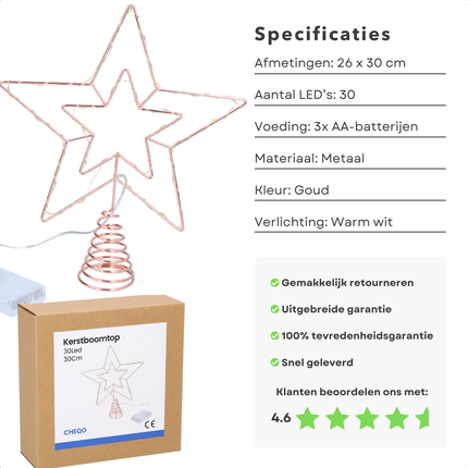 Cheqo® Verlichte Kerstboom Piek - Kerstboom Ster Piek - LED Kerstboom Topper - Gouden Kerstboompiek - LED Kerstster Piek - Kerstversiering Met Verlichting - 30 LED-Lichten - Op Batterij - Lichtgevende Piek voor Kerst - Warme Witte Verlichting