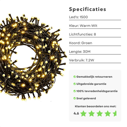 Cheqo® Kerstverlichting - Kerstboomverlichting - Kerstlampjes - 1500 LED - 30M - Voor Binnen en Buiten - Timer - Warm Wit - 8 Lichtfuncties - Lang Snoer - Gekleurde Kerstverlichting - Sfeerverlichting - Feestverlichting Kerstboomverlichting