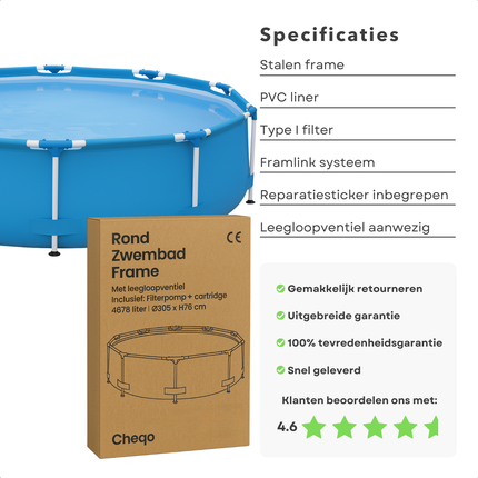 Cheqo® Zwembad Set – Rond Opzetzwembad met Stevig Stalen Frame – PVC Liner – Filterpomp & Cartridge – Leegloopventiel – Zwembad voor Kinderen – Eenvoudig op te Zetten – Tuinzwembad met Accessoires – Zwembad