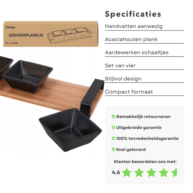 Cheqo® Acacia Houten Serveerplank - Tapas Set met 3 Aardewerk Schaaltjes - Compact Formaat 32x10 cm - Duurzaam Hout - Elegant Design - Ideaal voor Hapjes en Tapas - Vaatwasmachinebestendig