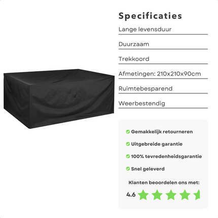 Cheqo® XL Waterdichte Tuinsethoes - Beschermhoes voor Tuinmeubelen - Trekkoord - 210x210x90cm - Afdekhoes - Beschermhoes Tuinset - Tuinsetbescherming - Waterdicht - UV Bestendig - Extra Sterk tuinmeubelhoezen