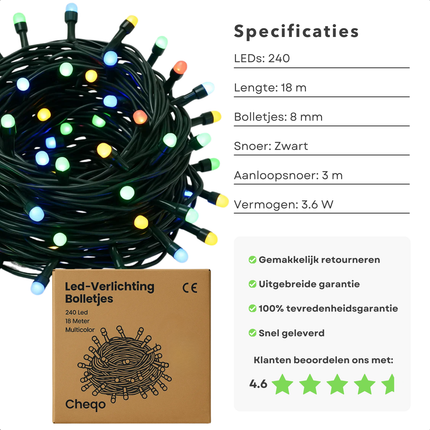Cheqo® LED Lichtsnoer - Multicolor Verlichting - 240 LED Lampjes - Binnen En Buiten - 18 Meter Lengte - IP44 Adapter - Energiezuinig - Feestverlichting - Tuinverlichting - Kerstverlichting - Kerst Lampjes - Zwart Snoer