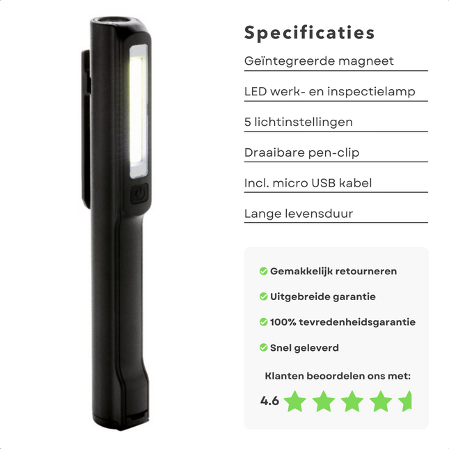 Cheqo® Looplamp - Werklamp - Werk & Inspectie LED Lamp - USB Oplaadbaar - Optimaal Helder Licht - 5 Lichtinstellingen - 160 Lumens - Magnetische Basis - Draaibare Pen-Clip - Met USB-kabel - 20x3x3 cm - Bouwlamp - Acculamp Looplamp