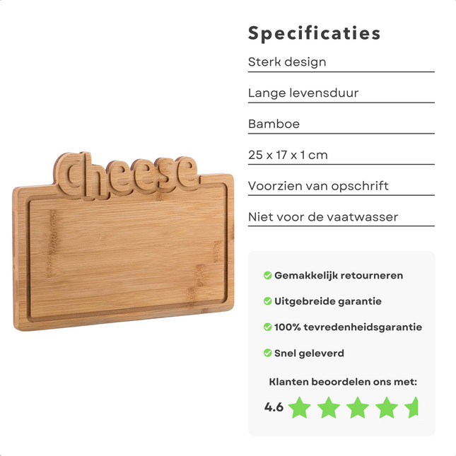 Cheqo® Bamboe Snijplank - Cheese - 25x17cm - Milieuvriendelijk - Duurzaam - Keukenaccessoire - Snijplank van Bamboe  - Hakblok - Borrelplank -  Vleesplank - Sterk en Robuust - Lange Levensduur Snijplanken