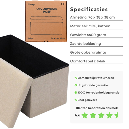 Cheqo® Opvouwbare Poef Met Opbergruimte - Beige - Grote Opbergbox - Organizer - Voetenbankje - Hocker - MDF en Katoen