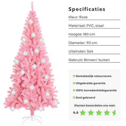 Cheqo® Roze Kerstboom - Kunstkerstboom 180 cm - PVC - Met Standaard - Binnen/Buiten Gebruik