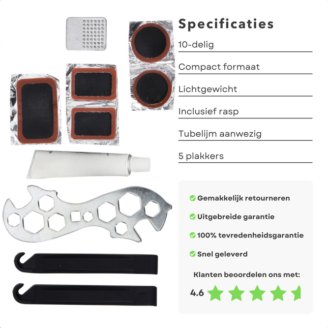 Cheqo® Fiets Reparatieset 10-Delig - Fietsbandenreparatieset - Fietskit - Repair Kit - Complete Bandenplakset met Inbussleutel en Bandenlichters