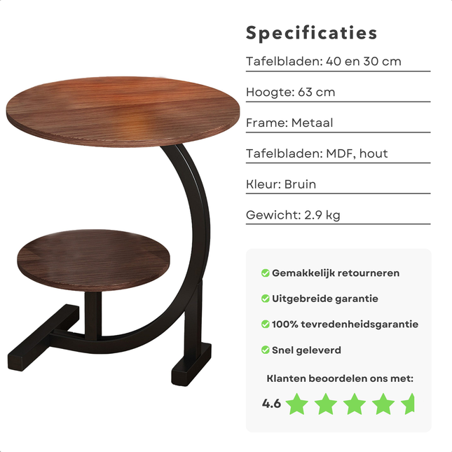 Cheqo® Bijzettafel Hout Metaal - Salontafel - Dubbel Tafelblad - Bruin - Moderne Sidetable Woonkamer