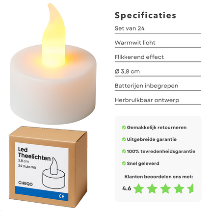 Cheqo® LED Theelichten Elektrisch - Flikkerend Warmwit Licht - Witte LED Kaarsen - Theelicht Set - Elektrische Waxinelichtjes - Decoratief Licht - Vervangbare Batterijen - Set Van 24 Waxine Lichtjes - Kaarsjes Elektrisch