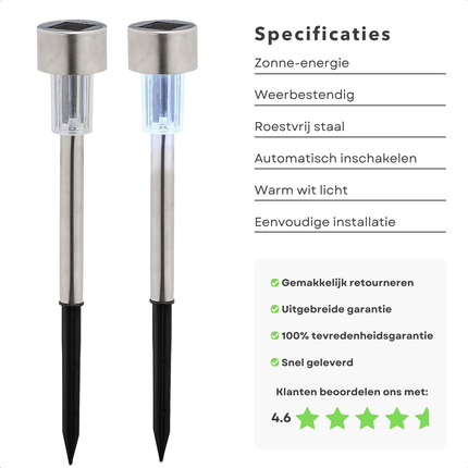 Cheqo® Solar Tuinverlichting Set - Padverlichting - 10 Stuks - RVS - Prikspots - Weerbestendig - Tuinspot met Grondspies Set - Buitenverlichting op Zonne-energie