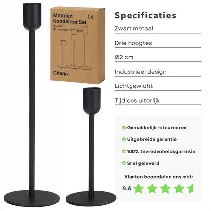 Cheqo® Metalen Kaarsenhouder Set van 3 – Zwarte Kaarsenhouders in Industriële Stijl – Woondecoratie voor Salontafel, Eetkamertafel of Bijzettafeltje – Tijdloos Design – Geschikt voor Dinerkaarsen – Kandelaar Modern