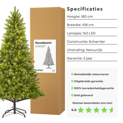 Cheqo® Kunstkerstboom Met LED-Verlichting - LED-Lampjes Warm Wit - Natuurlijke Uitstraling - Volle Kerstboom - Scharnier Constructie - Luxe Takverdeling - 180 CM Kerstboom - Groene Kerstboom - Eenvoudig Op Te Zetten