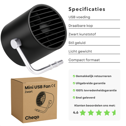 Cheqo® Mini USB Tafel Ventilator Zwart - Airco Alternatief - Compact en Stil - Ideaal voor Bureau en Kantoor - Tafelventilator - Fan