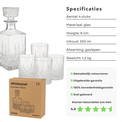 Cheqo® Whiskey Karaf Set - Glazen Karaf - Whiskey Glazen - Karaf Met Dop - 4 Glazen - Whiskey Set - Karaf 24 cm - Glazen 8 cm - Budget Whiskey Set - Whiskey Karaf - Whiskey Cadeau - Glazen Whiskey Set - Karaf En 4 Glazen