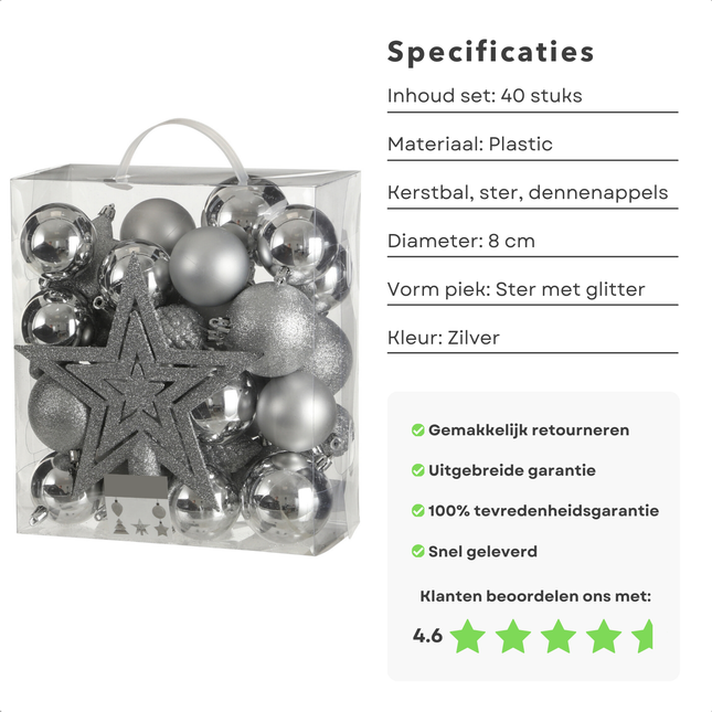 Cheqo® Kerstballen Set - Kerstbal Set - Kerstboom Versiering Set - Onbreekbare Zilveren Kunststof Ornamenten - 40 Stuks