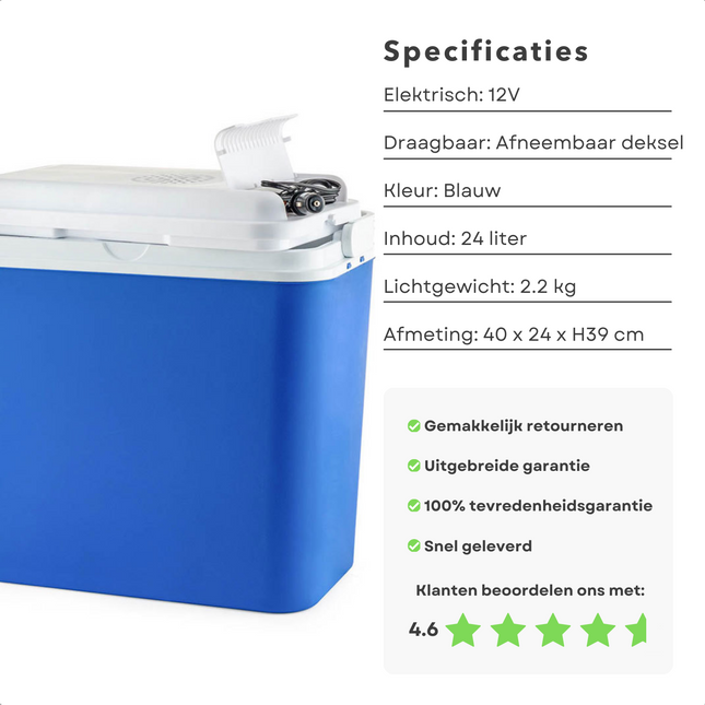 Cheqo® Draagbare Elektrische Koelbox - 12V Autokoelbox - 24L - Blauw - 12V Aansluiting - Lunchbox - Frigobox - Voor Auto & Onderweg - Camping - Reizen - Coolbox - 40 x 24 x H39 cm Koelboxen