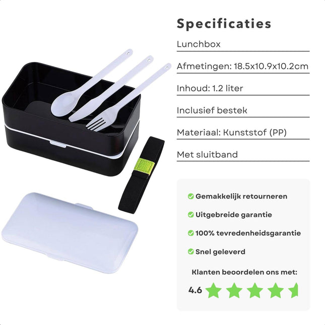 Cheqo® Kunststof Lunchbox - 2-laags - Met Bestek - Vaatwasmachinebestendig - Inclusief Sluitband - Onderweg Eten -  Bewaarbakjes - Meal Prep Bakje - Vershouddoos - Voedselcontainer - Vaatwasserbestendig - 1.2L Broodtrommels