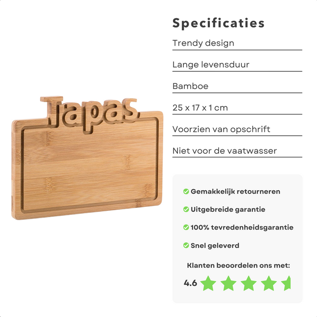 Cheqo® Bamboe Snijplank - Tapas - 25x17cm - Duurzaam Bamboe - Tapasplank - Hapjesplank - Borrelplank - Keukenplank - Lange Levensduur - Gemakkelijk te Reinigen - Serveerplank Serveerplanken