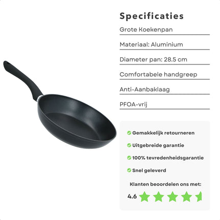 Cheqo® Grote Koekenpan 28 cm -  Voor Alle Warmtebronnen - Soft Touch Handgreep - Gelijkmatige Warmteverdeling - Pannen - Bakpan - Lange Levensduur Koekenpannen