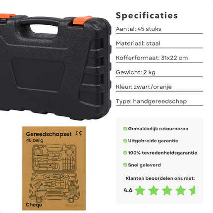 Cheqo® Gereedschapset Voor Beginners - 45-Delige Gereedschapset - Klauwhamer - Schroevendraaiers - Tangen - Imbussleutels - Multi-Schroevendraaiers - Afbreekmes - Rolbandmaat - Isolatietape - Spanningzoeker - Kunststof Opbergkoffer