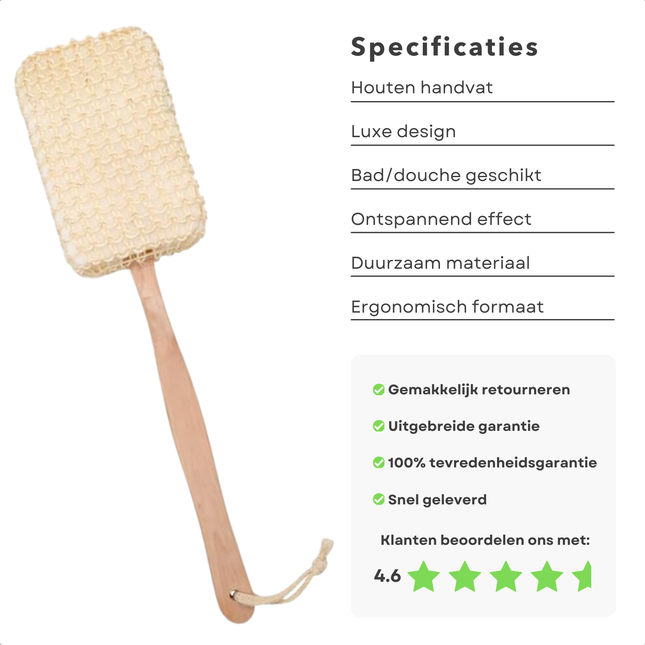 Cheqo® Luxe Badspons - Rugscrubber - Massagespons - Badborstel - Rugborstel Houten Handvat - Ontspanning Bad & Douche - Premium Badaccessoire
