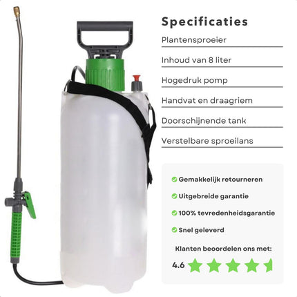 Cheqo® Hogedruk Plantensproeier met Pomp - 8 Liter - Verstelbaar Mondstuk - Draagriem - Drukspuit - Plantenspuit - Verstuiver - Druksproeier - Sproeilans - Vergrendelbare Trekker - Draagriem - Tuin Besproeien - Onkruid Verdelgen drukspuiten