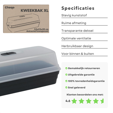Cheqo® Kweekbak Antraciet Transparant - Kweekkast - Moestuinbak - Moestuin - Voor Binnen en Buiten - Met Deksel