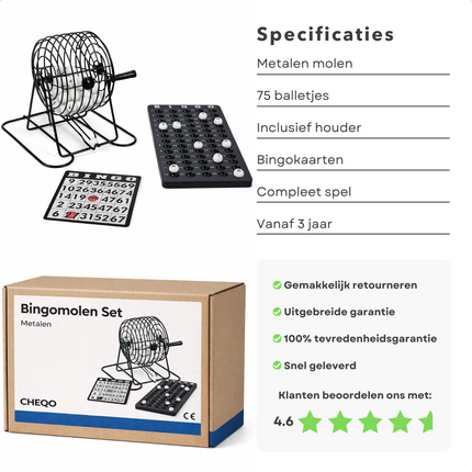 Cheqo® Bingomolen - Bingo Set - Bingo Spel - Bingospel - Bingo Molen Set - Bingomolen Set - Bingomolen Compleet - Bingo Set Compleet - Bingo Spel Compleet - Bingo Lotto Set - Lotto Bingo Molen - Tombola Bingo Spel