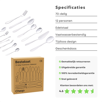Cheqo® Luxe Bestekset - 70-Delig - Voor 12 Personen - RVS Bestek - Zilverkleurig - Vaatwasserbestendig - Hoogwaardig Edelstaal - Tijdloos Design - Serveerbestek Inbegrepen - 12 Lepels - 12 Vorken - 12 Messen - 12 Theelepels - 12 Taartvorkjes