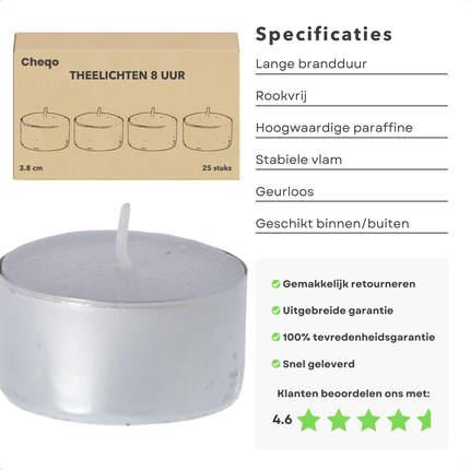 Cheqo® Theelichten 8 Uur - Waxinelichtjes - Kaarsjes - Witte Theelichtjes Set - Lange Brandduur Kaarsen - 25 Stuks