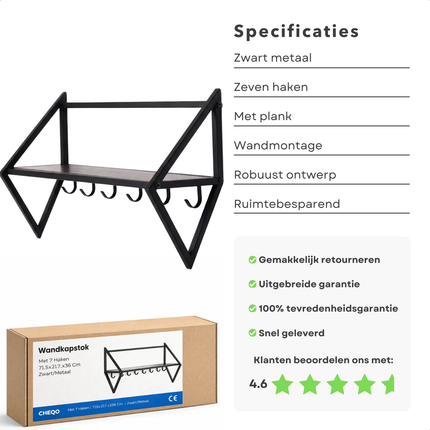 Cheqo® Wandkapstok - Kapstok met Plank - Wandkapstok met Plank - Wandkapstok met Haken - Wandkapstok 7 Haken - Zwarte Wandkapstok - Kapstok Hal - Kapstok Industrieel Zwart