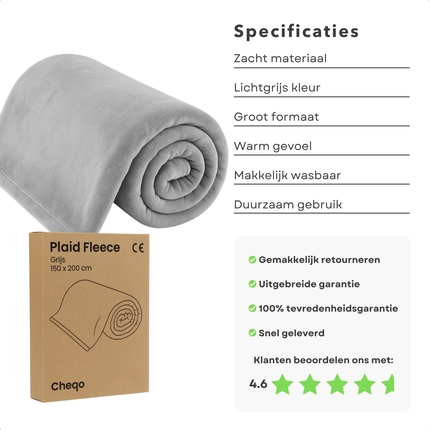 Cheqo® Grijze Fleece Deken 150x200 cm – Zachte Plaid Flannel – Warme Deken voor Bank of Bed – Polyester Fleece – Ultiem Comfort – Dekentje – Duurzame & Stijlvolle Interieur Decoratie