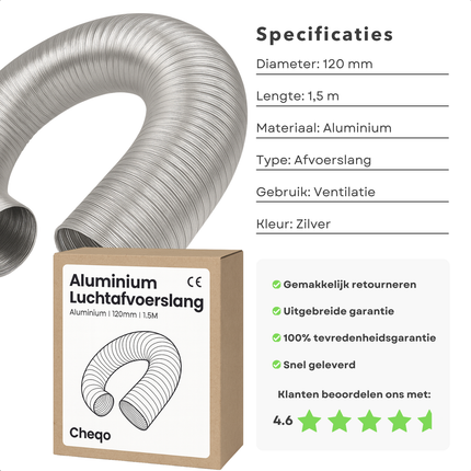 Cheqo® Luchtafvoerslang Aluminium - 120 Mm Diameter - 1,5 Meter Lengte - Lucht Afvoer Slang - Ventilatie Slang