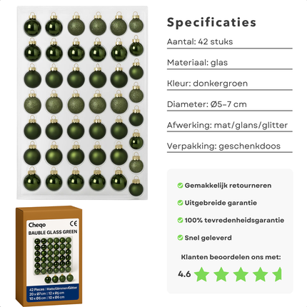 Cheqo® Donkergroene Glazen Kerstballen - Kerstboomversiering Donkergroen - Glans En Mat - Glazen Kerstballen Set - Glitter Kerstballen - Kerstballen Set - Kerstbal Set Van 42 Stuks