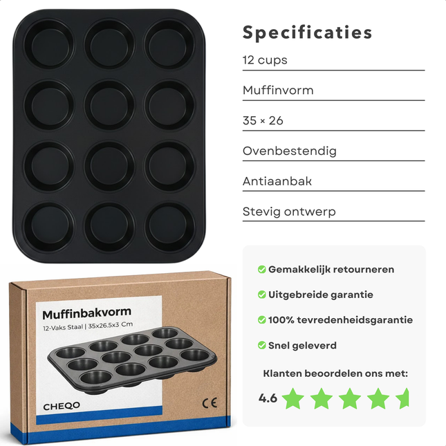 Cheqo® Muffinbakvorm 12 Vaks - Muffinvorm 12 Vaks - Cupcake Bakvorm 12 Vaks - Muffin Tray 12 - Cupcake Tray 12 - Bakblik Muffins 12 - Muffin Bakplaat - Cupcake Bakplaat - Muffinvorm - Muffinbakvorm