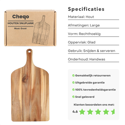 Cheqo® Houten Snijplank Groot - Serveerplank Keuken - Borrelplank - Tapasplank - Serveerschaal - Met Handvat - Duurzaam Hout