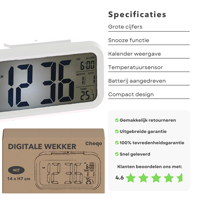 Cheqo® Digitale Wekker Zwart - Digitale Klok met Grote Cijfers - Reiswekker - LED Wekker - Alarmklok - Snooze Functie - ABS Materiaal - Wit