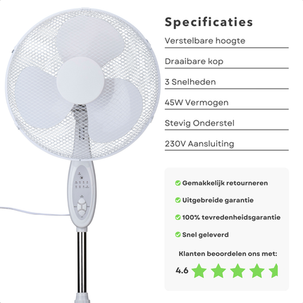 Cheqo® Staande Ventilator - Statiefventilator 40 cm - Aircooler - Airco Alternatief - Verstelbare Hoogte - Koelventilator met Afstandsbediening - Energiezuinig