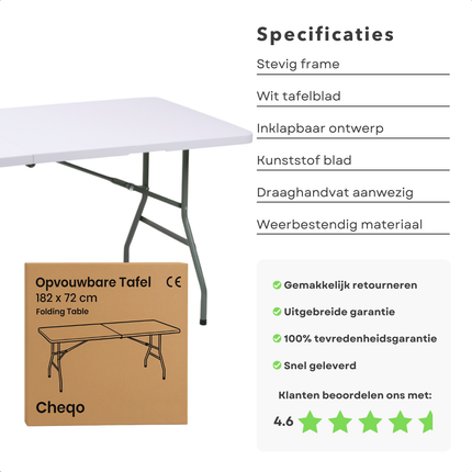 Cheqo® Opvouwbare Tafel – Inklapbare Klaptafel met Draaghandvat – Stevig Stalen Onderstel – Kunststof Tafelblad – Campingtafel - Buffettafel - Partytafel – Weerbestendig & Compact Koffermodel – Voor Binnen en Buiten