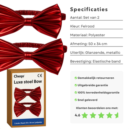 Cheqo® Kerst Stoelstrik - Stoelstrik Rood - Set Van 2 - Stoeldecoratie Kerst - Roden Strik - Kerstdecoratie Stoel - Feestelijke Stoelstrik - Kerstversiering Stoel - Decoratieve Strik - Stoelstrik Set - Kerst Strik